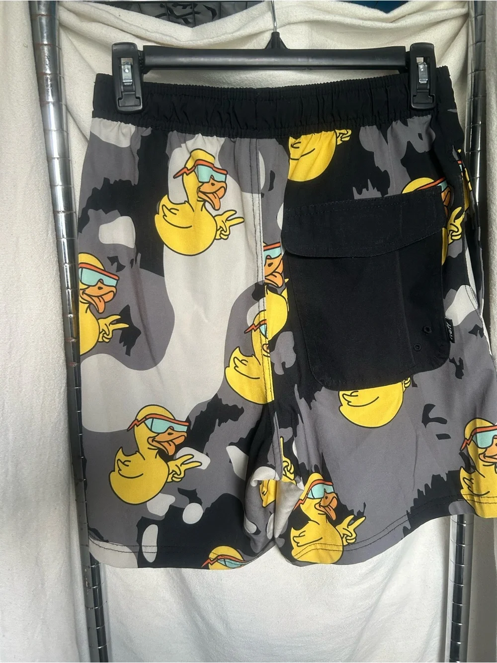 Neff Black & Gray Camo Swim Trunks with Yellow Duck Print
